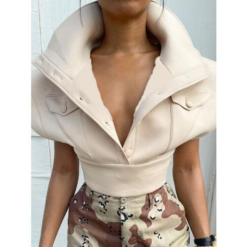 [LGRQ] Apricot Pockets Loose Jacket New Arrival Lapel Short Flying Sleeve Women Coat Fashion Tide Autumn Winter 2021 19D2718