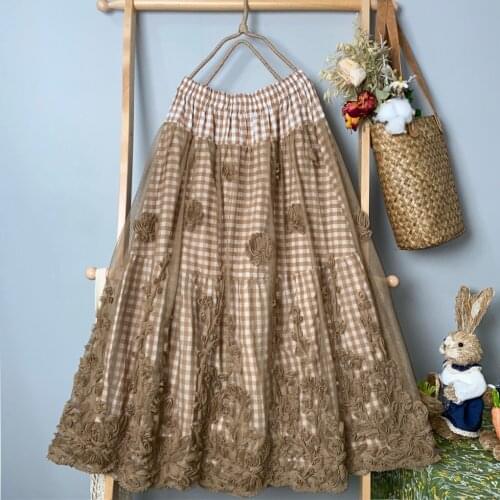 Japan Style Mori Girl Floral Print Midi Skirt 2021 Spring Lace Hollow out Hem A-line WomenSkirts