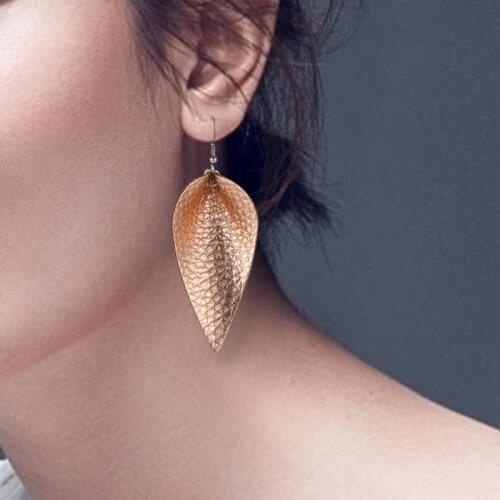 New Gold Color Leaves Earrings Red PU Leather For Women Bohemia Water Drop Dangle Earring Hot Sale Girl Gift