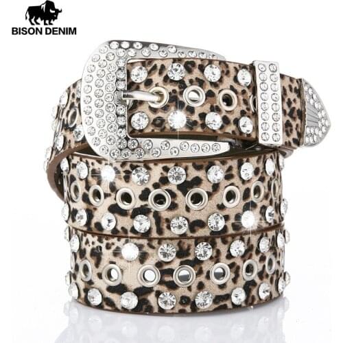 BISON DENIM Cowgirl Cowboy Bling Bling Rhinestones Belt Quality Studded Belt for Women Fashion Pin Buckle Belt Ceinture Femme
