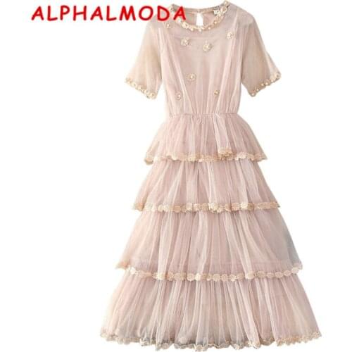 ALPHALMODA Multi-layers Short Sleeves Women Floral Sweet Princess Dress + Sling 2pcs Set Female Ruffled Cake Cute Lace Vestidos
