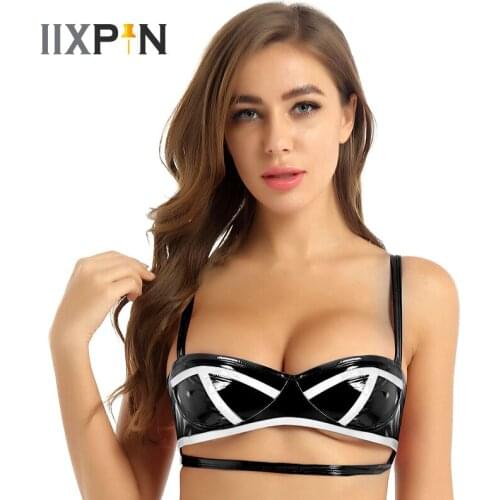 Womens Sexy Lingerie Wet Look Patent Leather Bra Top Lingerie Female Wire-free Unlined Bralette Sexy Comfortable Bras Women