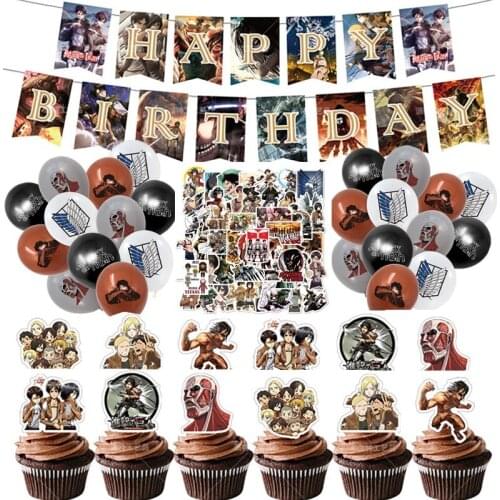 1 Set Attack On Titan Birthday Party Supplies Anime Latex Balloon Banner Cake Card Pulling Sticker Toy Kids Favorite Party Deco