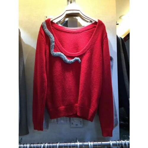 2020 fashion brand cashemere wool heavy beaded animal snake pattern sweater halter sexy knit wool blouse long sleeve tops wj1838