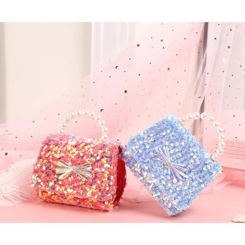 2021 Lovely Girls Sequins Crossbody Bag Bowknot Pattern Square Small Messenger Bag Kids Princess Purse