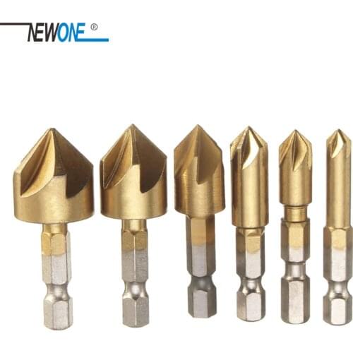 6pcs 5 Flute Chamfer Countersink 1/4" Hex Shank HSS Wood Chamfering Cutter Chamfer 6mm-19mm Countersink Drill Bit
