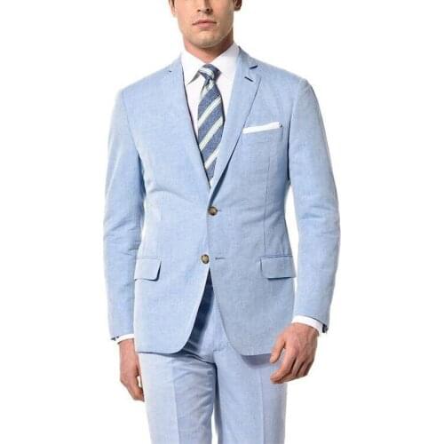 ANNIEBRITNEY Light Blue 2020 Summer Men Linen Suit WIth Pants Groom Wedding Tuxedo High Quality Custom Summer Linen 2 Piece Suit