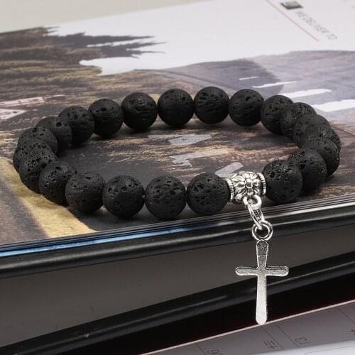 8mm Natural Lava Stone Bead Chain Alloy Cross Pendant Prayer Jesus Bracelet Bangles For Men Women Jewelry Gift Handmade Pulseira