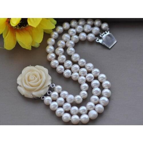 Z10334 3Row 8" 9mm Round White Freshwater Pearl Bracelet Flower