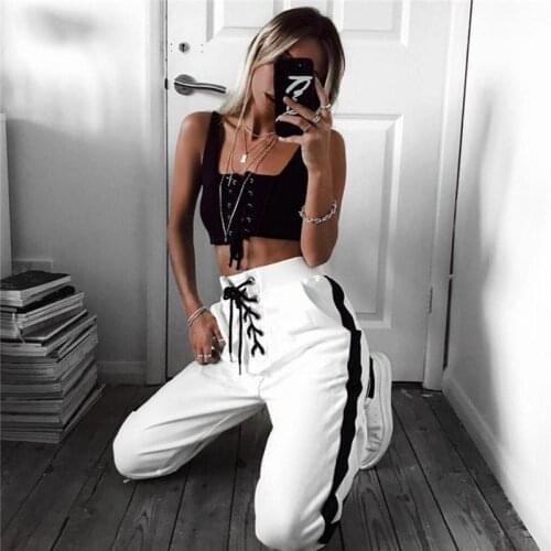 2019 Fashion High Waist Cotton Cargo Pants Women Loose Harem Pants White Drawstring Femme Sweatpants Trousers Women