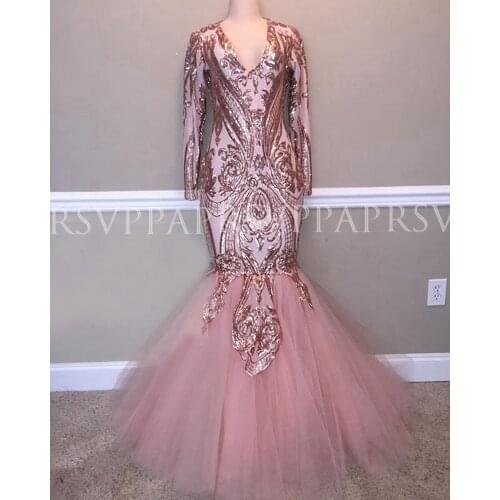 Long Elegant Prom Dresses 2021 V-neck Long Sleeve Rose Gold Sequin Sexy African Black Girl Mermaid Prom Party Gowns