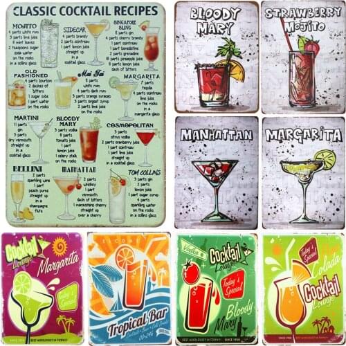 Classic cocktail recipes bar. tin sign vintage metal plate retro iron painting wall decoration for pub cafe