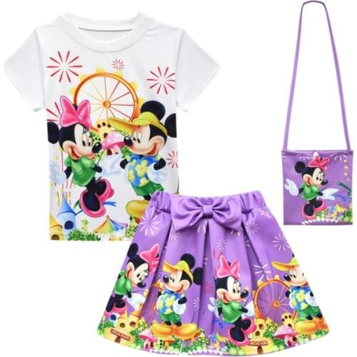 Disney Toddler Summer Clothes Kids Girls Cute Mickey Minnie Mouse Pattern Shirt Top Skirt Set Clothing Casual Baby Girls Set