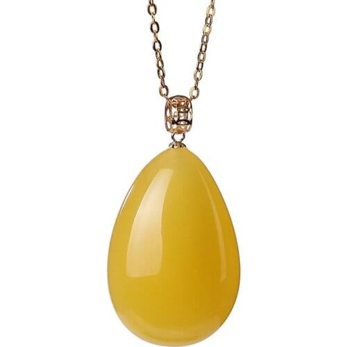 18K gold natural amber pendant retro national trend simple temperament coin water drop shape Lady pendant