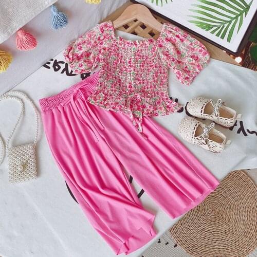 Summer Girls' Clothing Sets Fashion Chiffon Floral Top + Wide Leg Pants 2Pcs Suits Baby Kids Outfits Suit Children Clothing