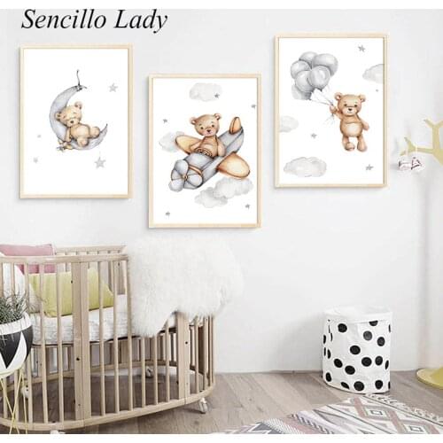 Bear Moon Balloon Animal Canvas Painting Nursery Child Poster Art Print Cartoon Wall Picture Nordic Kid Baby Bedroom Decoration