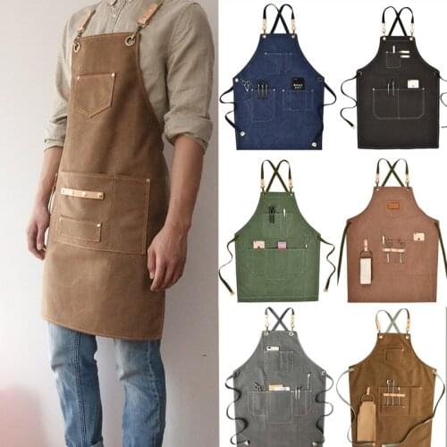 New Pure Color Work Apron For Men Kitchen Cooking Canvas Chef Waiter Cafe Shop Bbq Hairdresser Unisex Adjustable Aprons Bibs