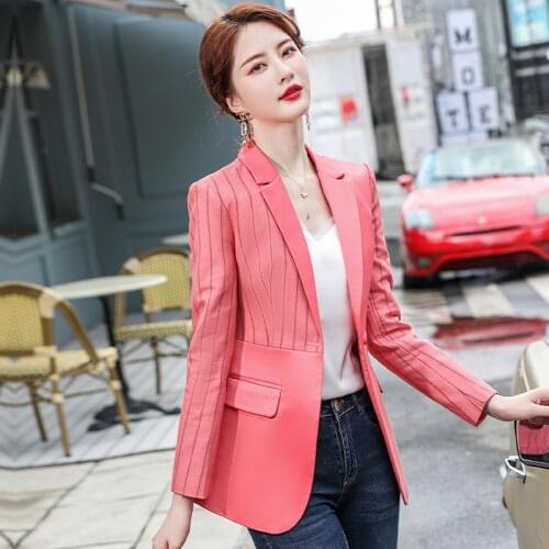 Formal Blazers Jackets Coat Women High Quality Fabric Outwear Tops Blaser Plus Size Elegant Striped 2021 Autumn Winter