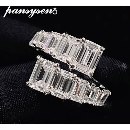 PANSYSEN New Arrival Emerald Cut 100% 925 Sterling Silver Created Moissanite Diamond Ring Engagement Wedding Bands Fine Jewelry