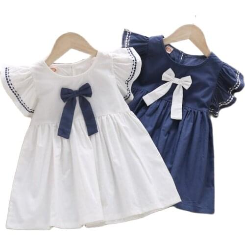 Girls Dress Summer Navy Dresses For Children Embroidered Dress With Flying Sleeves Kids Clothing Baby Clothes 2 3 4 5 6 Years