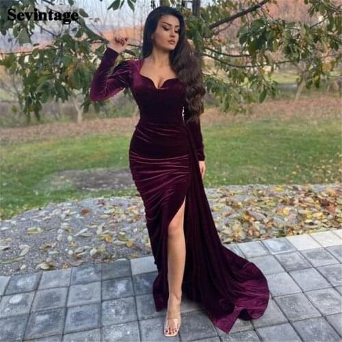 Sevintage Arabic Mermaid Evening Dress Long Sleeve Side Split Morocco Kaftan Soft Velvet Prom Dresses Long Women Party Gowns