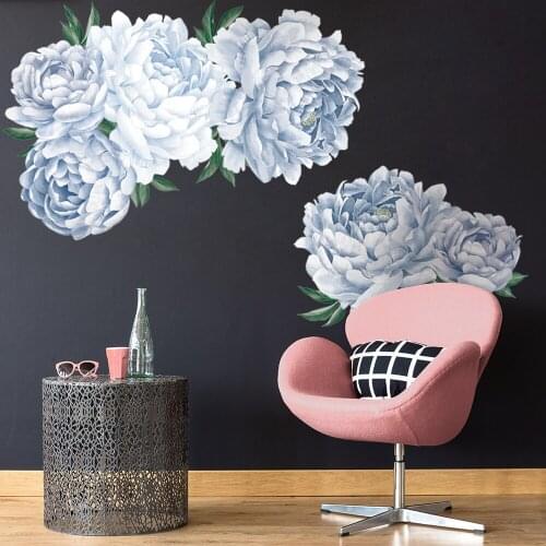 Poeny-Gray Blue Flowers And Leaves Wall Sticker Living Room Bedroom Decoration Corridor Large Stickers Self-Adhesive Wallpaper