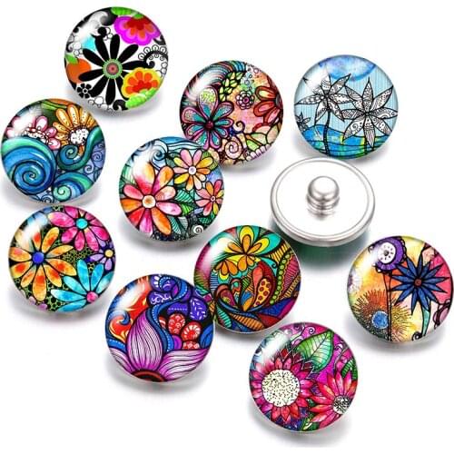 DB0987 Beauty drawing flowers colorful 18mm snap buttons 10pcs mixed round photo glass cabochon style for snap button jewelry