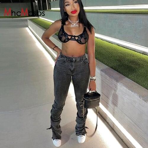 Grey Ruched Denim High Waist Stacked Pants Women Bottom Split Jeans Skinny Pockets Trousers 2021 Autumn Streetwear Y2K Clothing