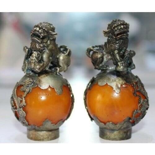 Tibet Old Silver Hand Carved Amber Dragon Phoenix Ball Lion Statue Pair