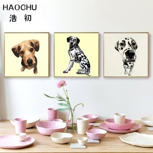 HAOCHU Triptych Lovely Dog Family Dalmatians Golden Retriever Animal Square Canvas Painting Abstract Wall Picture For Home Decor