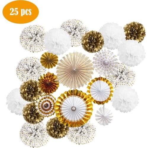 Hanging Paper Fans with Paper Poms Decorations Paper Garlands Gold Flowers for Birthday Wedding Graduation Events Accessories