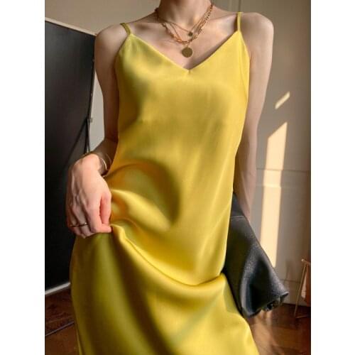 Ordifree 2021 Summer Women Yellow Satin Dress Vintage Spaghetti Strap Long Silk Party Slip Dress