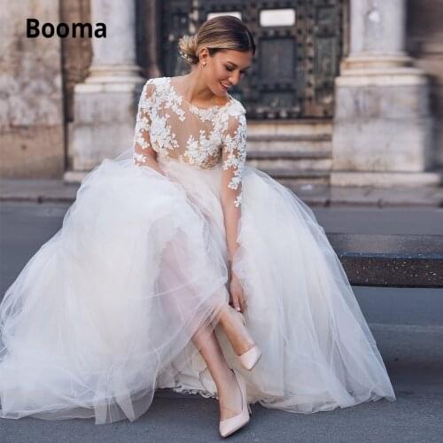 Booma Tulle Wedding Dresses Boho 2019 Illusion Long Sleeve Lace Bridal Gown Elegant Beach Wedding Gown Bohemia Plus Size