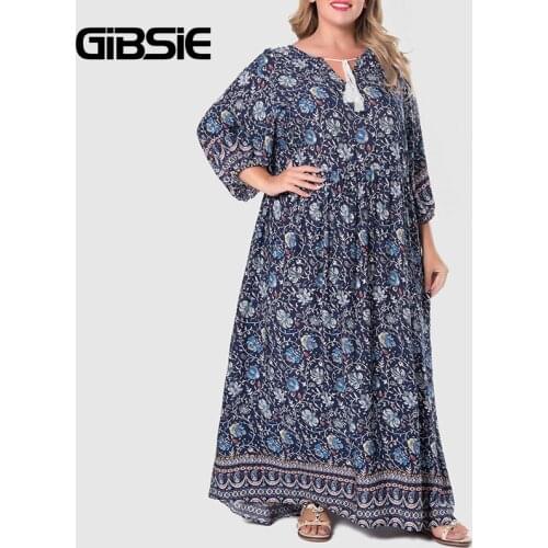 GIBSIE Ethnic Print Tassel Tie Neck Beach Casual Summer Dress Women Plus Size 3/4 Sleeve Loose Maxi Long Dresses xxxl 4xl 5xl