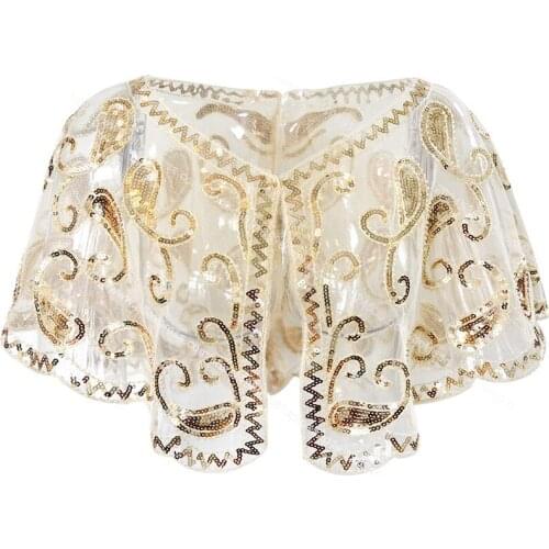 1920s Women Shawl Wraps Sequin Beaded Evening Cape Bridal Shawl Bolero Vintage Flapper Cover Up Gold Black