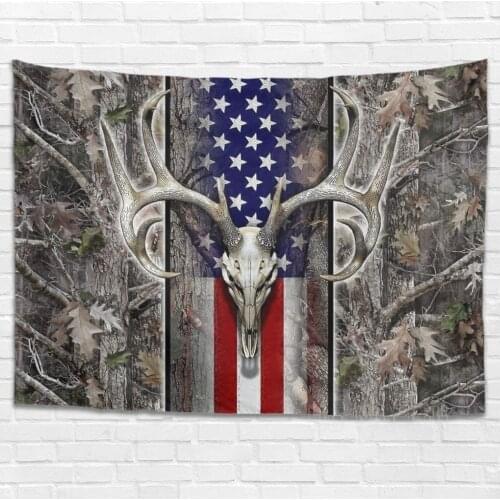 American Flag Wood Deer Skull Oak Camouflage Tapestry Art Wall Hanging Decoration