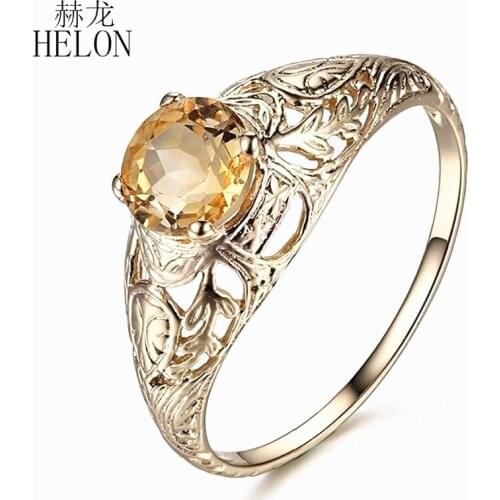 HELON Solid 14K Yellow Gold Flawless Round 5.5mm Genuine Natural Citrine Engagement Wedding Ring Women Antique Fine Jewelry Ring