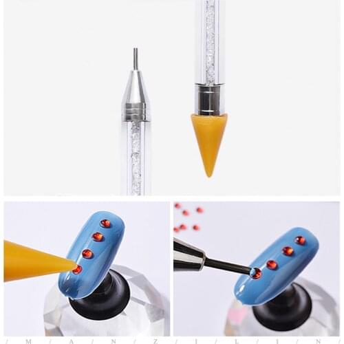 1pc Double Said Wax Rhinestone Acrylic Handle Nail Art Pencil Picker Dotting Pen Dot Head Tips Pick Up Applicator Self-Adhesive