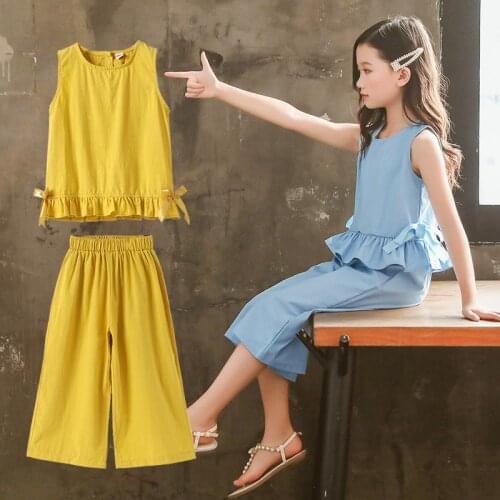 2PCS Sweet Girls Clothes Sets Ruffles Sleeveless Tops + Pants Outfits 2021 Summer Kids Tracksuit Childrens Clothing Suit