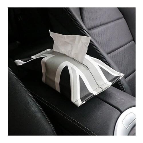 Leather Tissue Box Holder for Auto Styling for Cooper Checkered Gray Union Jack Cartoon Tissue Bag for Min MI Car Assessoires