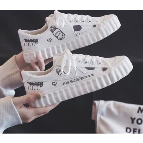 Cow White Shoes for Women Kawaii Casual Womens Flat Shoes Women Sneakers Vintage College Student Tennis Shoes Running