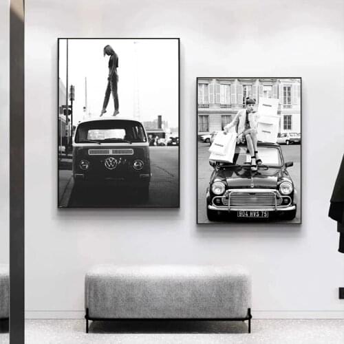 Fashion Retro Style Black White Canvas Painting Vintage Street Wall Art Picture Retro Car Vogue Girl Poster and Print Home Decor