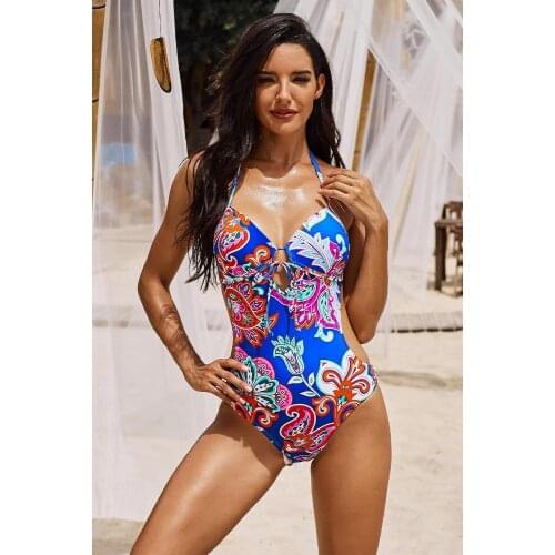 Multicolor/Black/Sky Blue Printed Sweetheart Monokini One Piece Swimsuit Women Sexy The Side Cut Outs Elastic Tie Beach Swimsuit