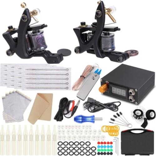 Tattoo Coil Machine Set Tattoo Kits For Liner Shader Trainer Power Supply Needle Grips Tubes Tips