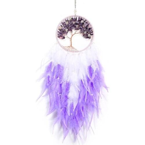 Natural Amethyst Tree Of Life Dreamcatcher Suncatcher Ornament Lace Ribbons Feathers Wrapped Lights Girl Bedroom Home Decoration