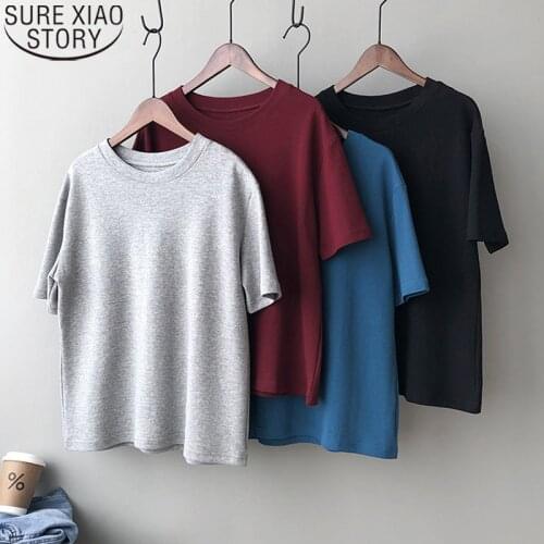 2021 New Summer Cotton Tshirt Women Round Neck Korean Fashion Loose Tees Women Short Sleeve T-shirts Solid Casual Blusas 13441