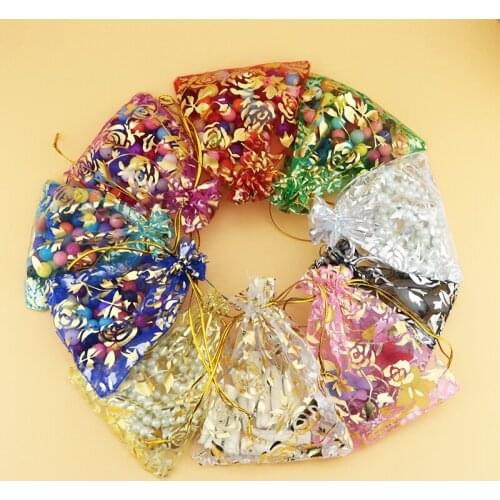 Custom Jewelry Pouch Gift Bags Wholesale 1000pcs/lot Small Organza Bag With Gold Rose Printing 9*12cm Drawstring Tull Gift Pouch