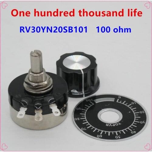 2pcs RV30YN20S B101 3W , 100 ohm Adjustable Resistance of Single Ring Carbon Film Potentiometer + 2pcs A03 knob + 2pcs dials