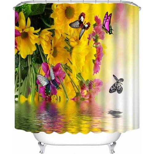 Flower Butterfly Pattern Shower Curtains Beautiful Nature Floral Plant Water Scenery Bathroom Waterproof Polyester Bath Curtain