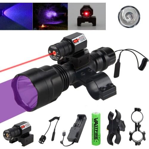 LED Tactical Hunting Lanterna C8 UV 395NM Blue Rifle Flashlight+Laser Dot Sight Scope+Switch+20mm Rail Barrel Mount+18650+Charg